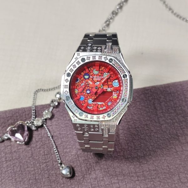 Кастомные часы Casio G-Shock Расплавленный Кристалл Рисованное Пламя, алые. Купить кастом G-Shock CasiOAK Custom, доставка...