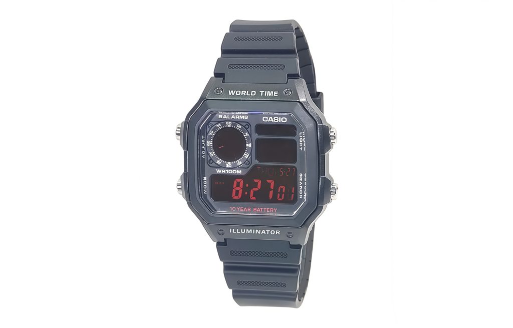 Кастомные часы Casio AE-1200 с серо-чёрным корпусом, чёрным ремешком и красным цифровым дисплеем