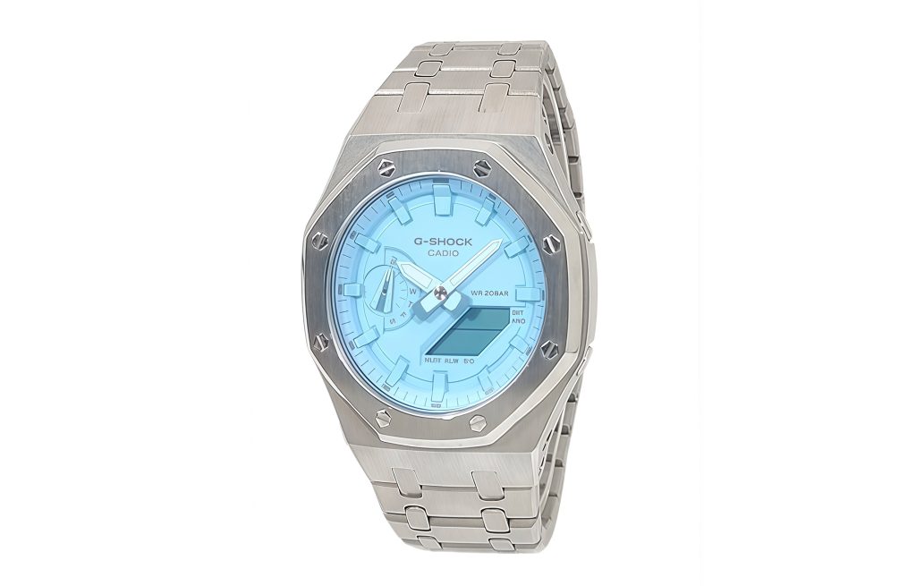 Кастомные часы Casio G-Shock Бирюзовый Тиффани Серебряный Браслет, серебряные, дополнительное фото. CasiOAK Custom, кастом...