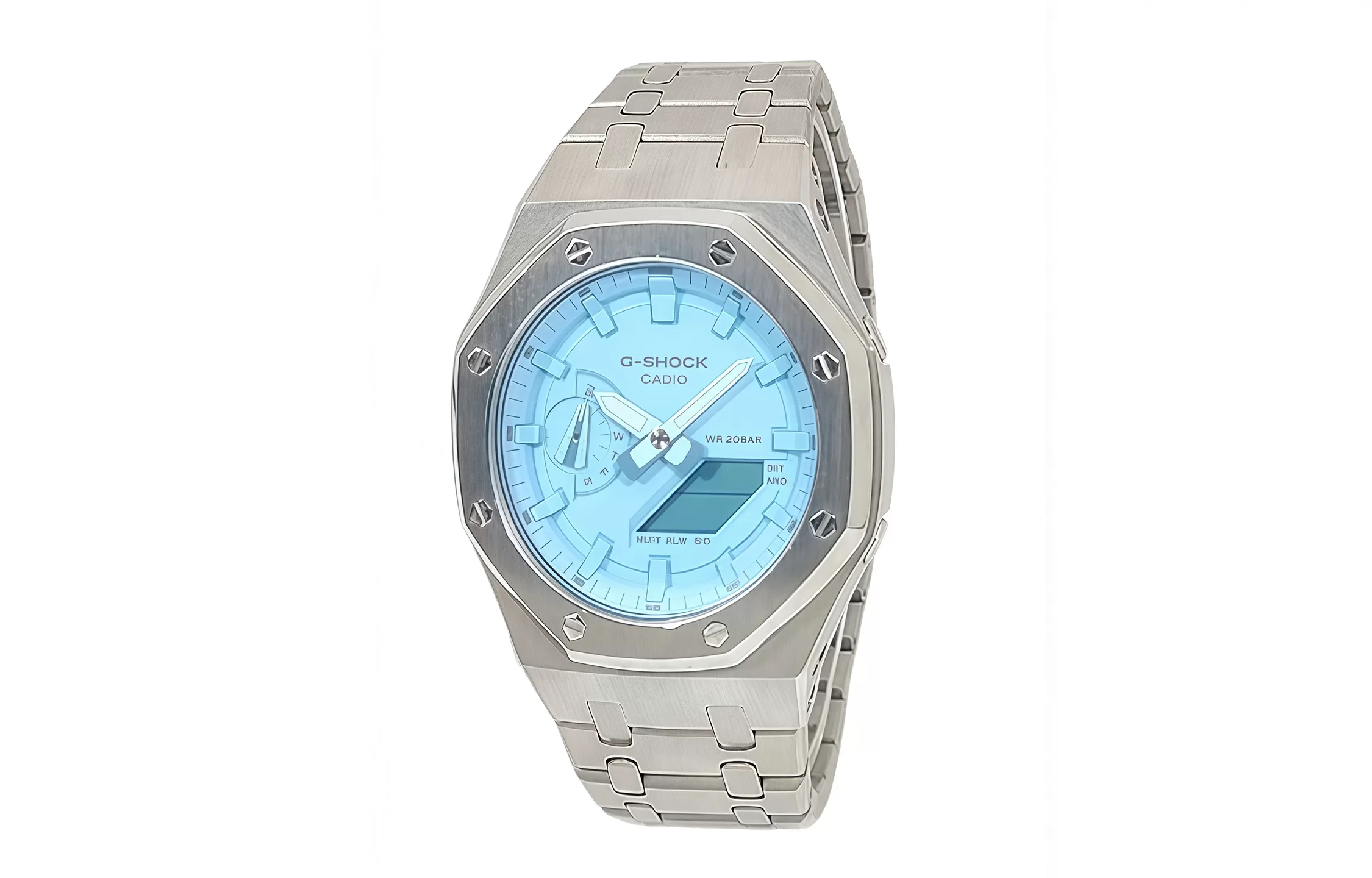 Кастомные часы Casio G-Shock Бирюзовый Тиффани Серебряный Браслет, серебряные, дополнительное фото. CasiOAK Custom, кастом...